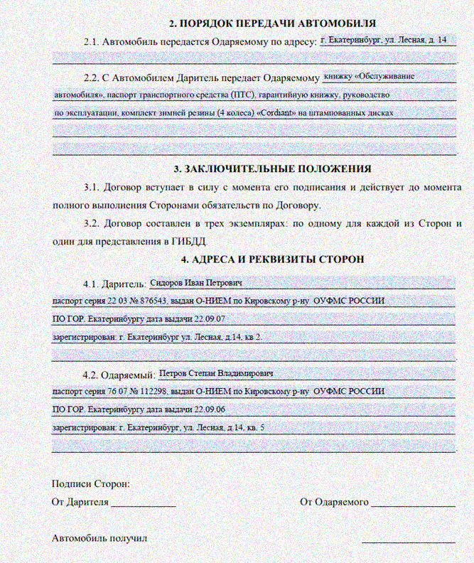 Образец договора дарения транспортного средства между близкими родственниками