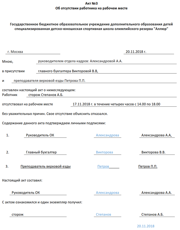 Образец акта о невыходе на работу сотрудника образец