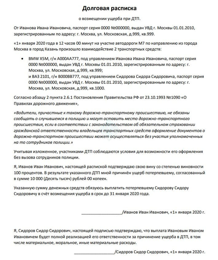 Расписка при дтп о возмещении ущерба образец от пострадавшего